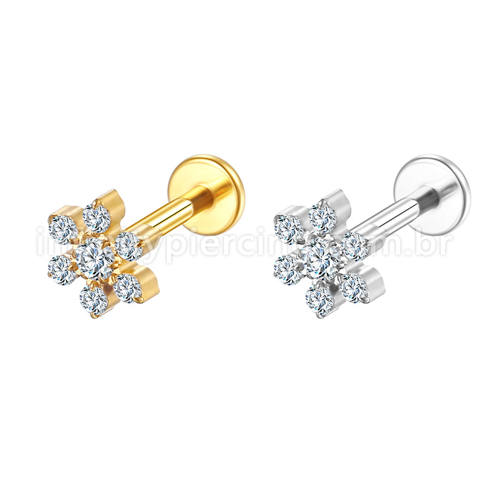 Piercing Labret Aço Cirúrgico Flor Zircônia Cravejada